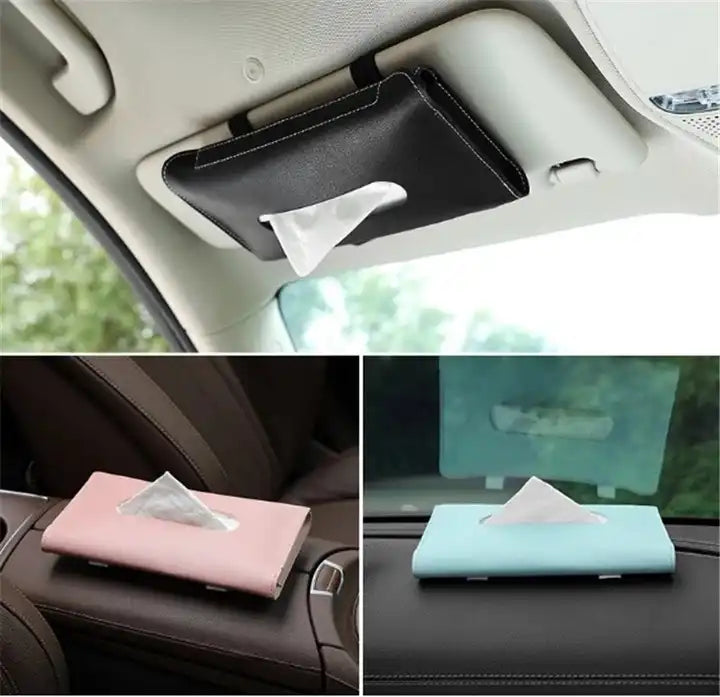 Pu Leather Tissue Box Holder Rectangular for Car with Visor Holder
